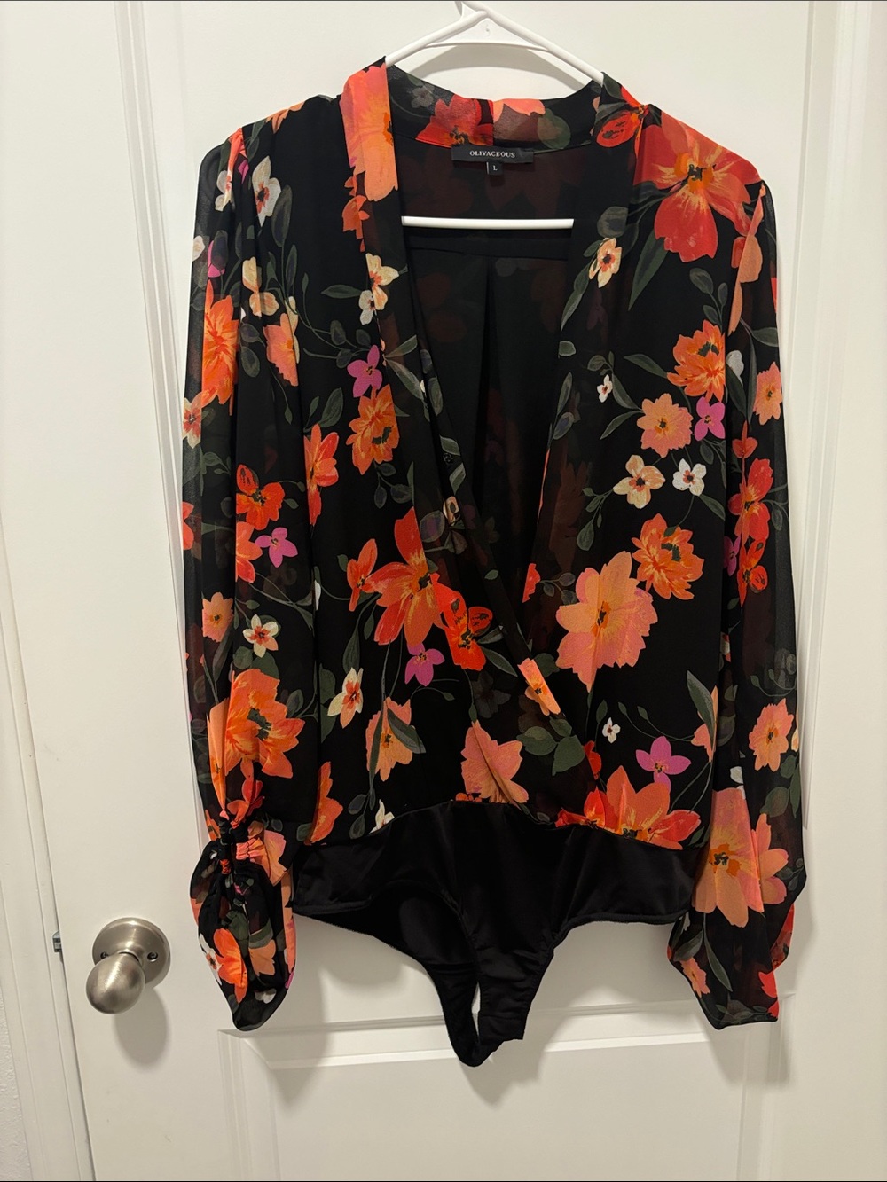 Black Floral Wrap-Front Sheer-Sleeve Bodysuit
